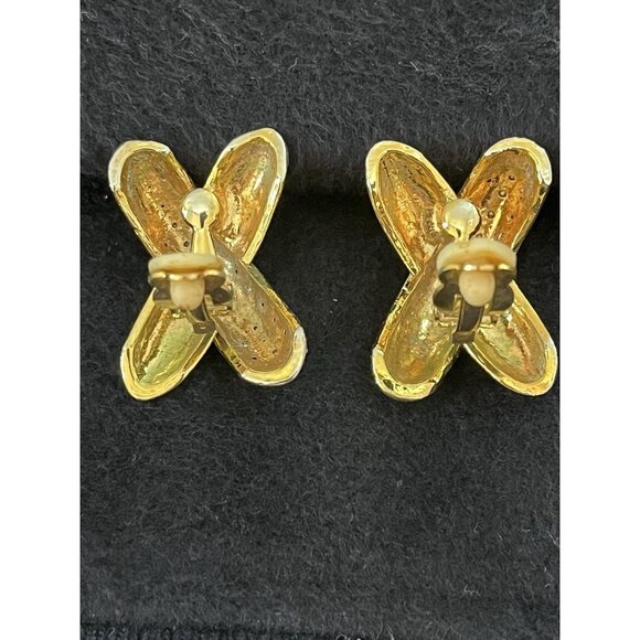 Vtg 90s Mogul gold tone & silver pave crystal designer inspired clip earrings - Picture 3 of 7